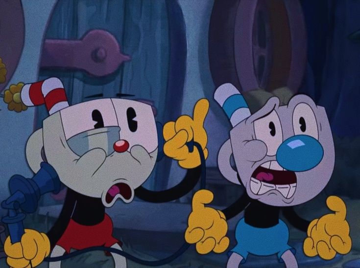 two cartoon characters standing next to each other with their hands in the air and one has his mouth open