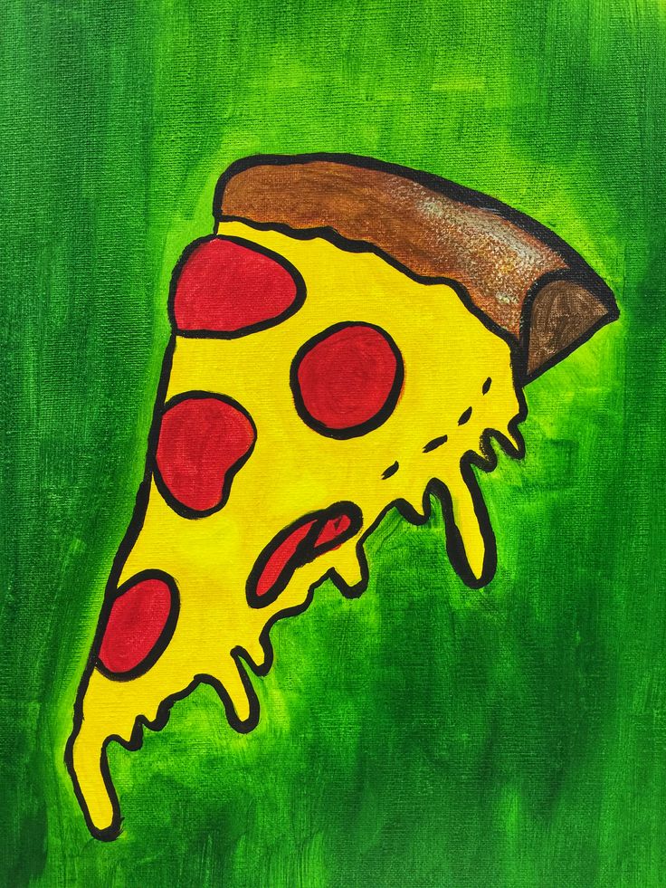 a painting of a slice of pizza on a green background