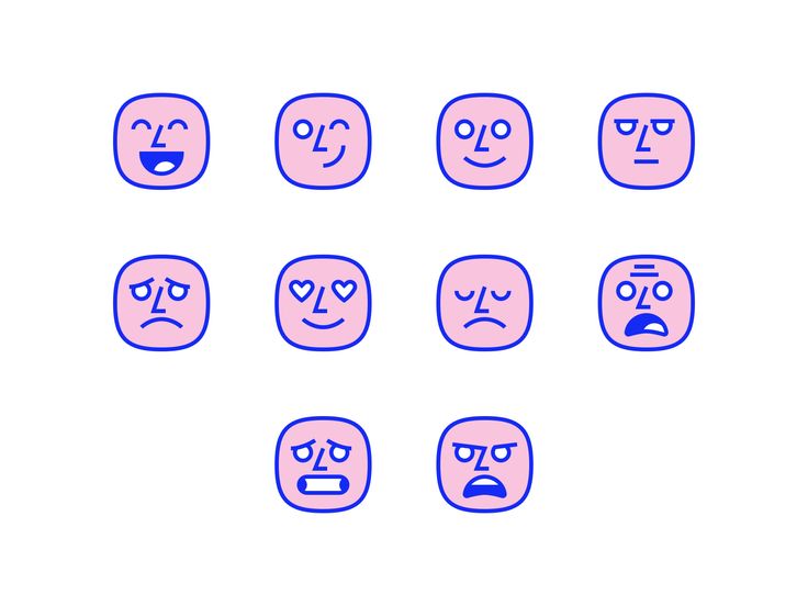 different faces drawn in blue on a pink background