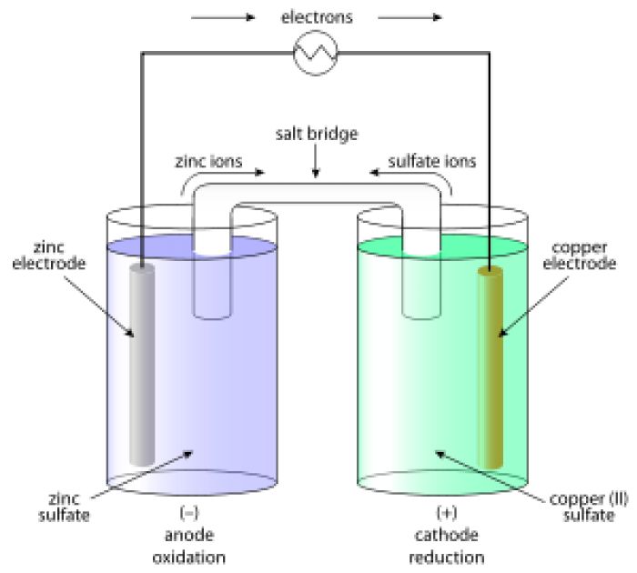 the diagram shows two beaks with liquid in them, and one containing salt bridge