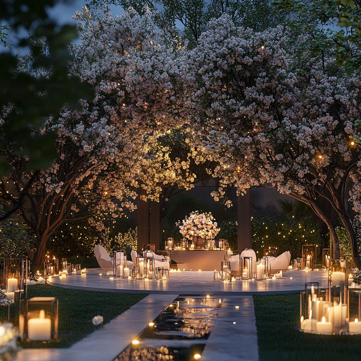 an outdoor wedding setup with candles and flowers