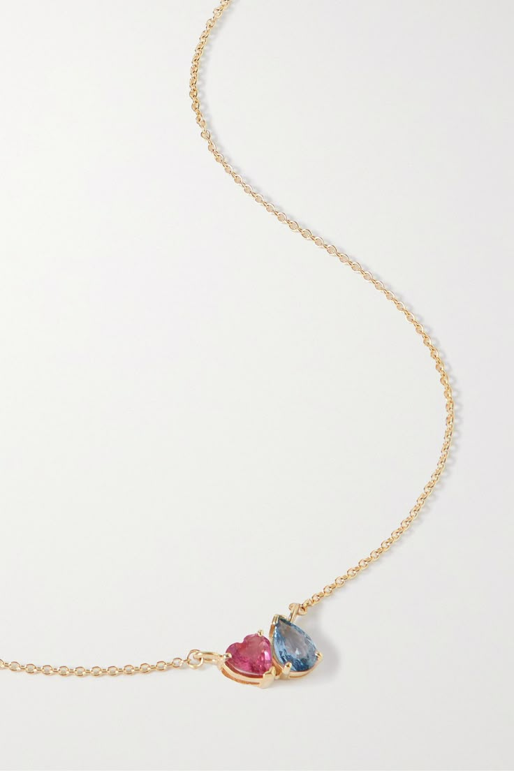 STONE AND STRAND's 'Just the Two of Us' necklace is strung with a pear-cut sapphire nestled beside a heart-shaped pink tourmaline - we think it makes a thoughtful gift for that special someone. It's handmade from 10-karat gold and adjusts between 16- and 18-inches. Layer it with other pieces from the brand. Gold Necklace With Pink Stone, Two Stone Necklace, Love Jewelry, Minimal Jewelry Necklace, Minimal Gold Jewelry, خواتم خطوبة, Jewelry Product Shots, Creative Jewelry Photography, Minimal Accessories