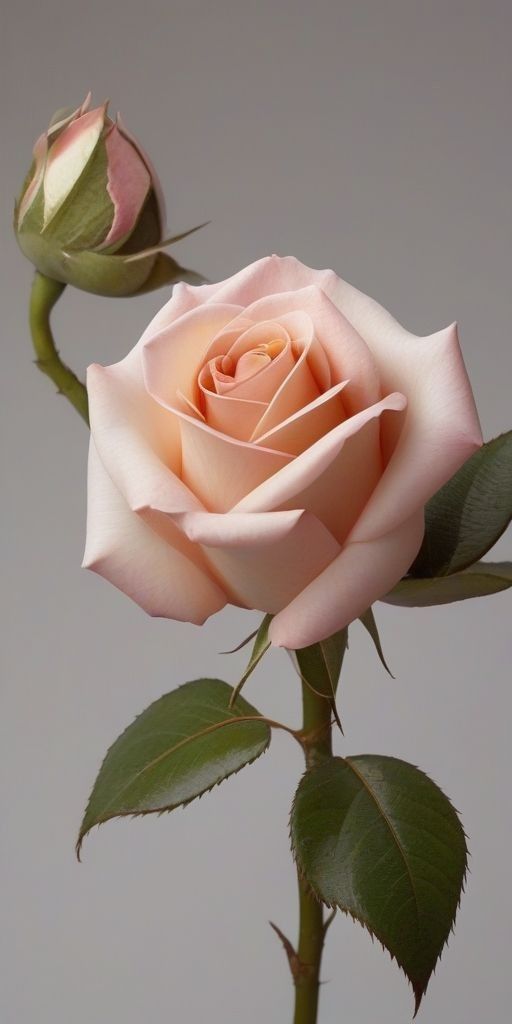 a single pink rose with green leaves in a vase on a gray background, ready to be used as a decoration