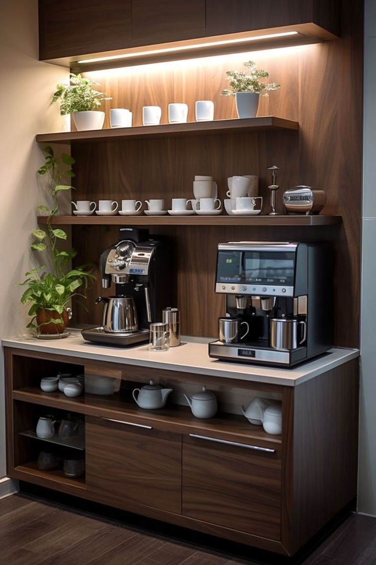 coffee bar ideas modern design Coffee Station Kitchen, Coffee Bar Ideas, Home Bar Rooms, Desain Pantry, Home Coffee Stations, Coffee Bars In Kitchen, Coffee Nook, Home Coffee Bar, Coffee Bar Home