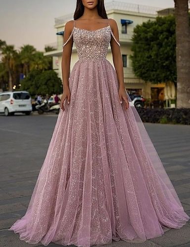 Princess Prom Dresses, Spaghetti Strap Prom Dress, Custom Prom Dress, Dress With Sequins, Dresses Cheap, Prom Dresses Online, فستان سهرة, Pink Tulle, Dress Spaghetti