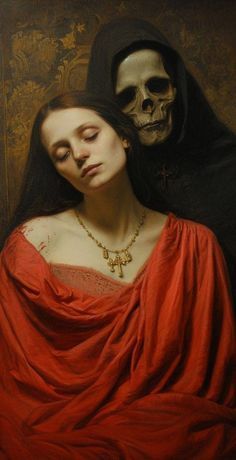 a painting of a woman with a skull on her head next to a man in a red robe