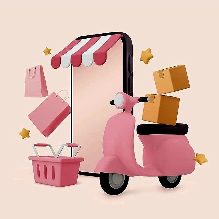 a pink scooter with boxes on the back is next to a phone and a basket