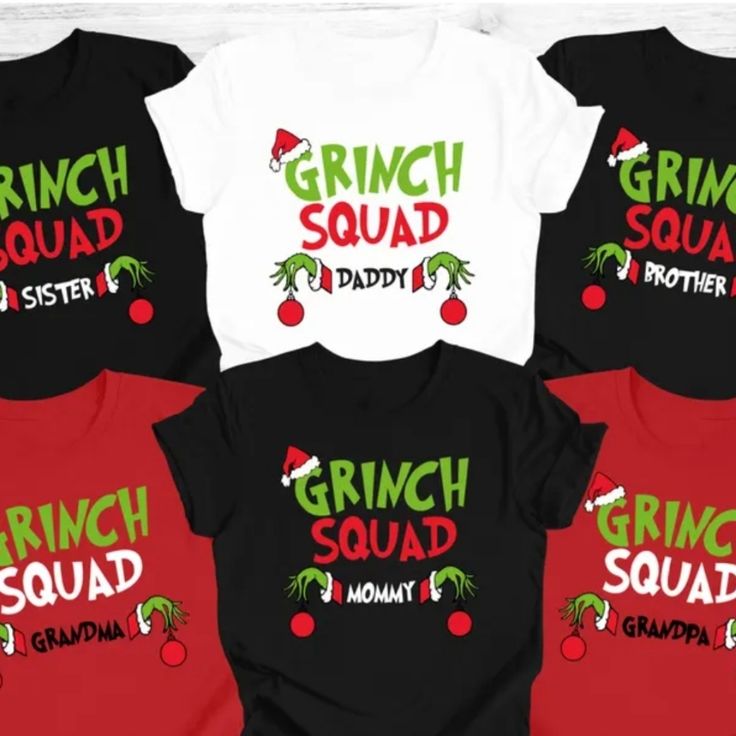 four shirts with grin squad on them and the words grin squad in green, red and black