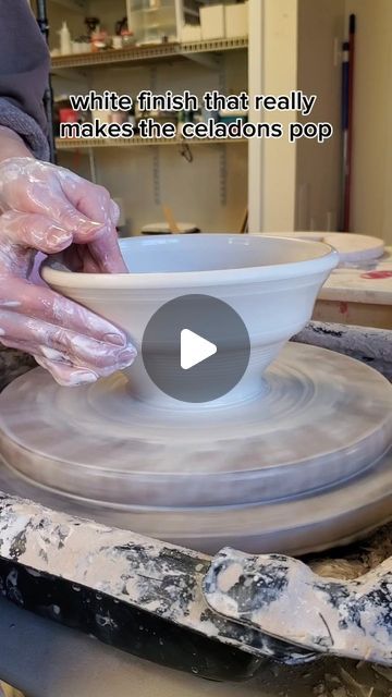 a person making a bowl on a potter's wheel with the words white finish that really makes the celadons pop