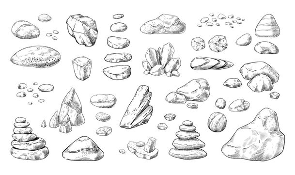 rocks and stones drawn in pencil on white paper