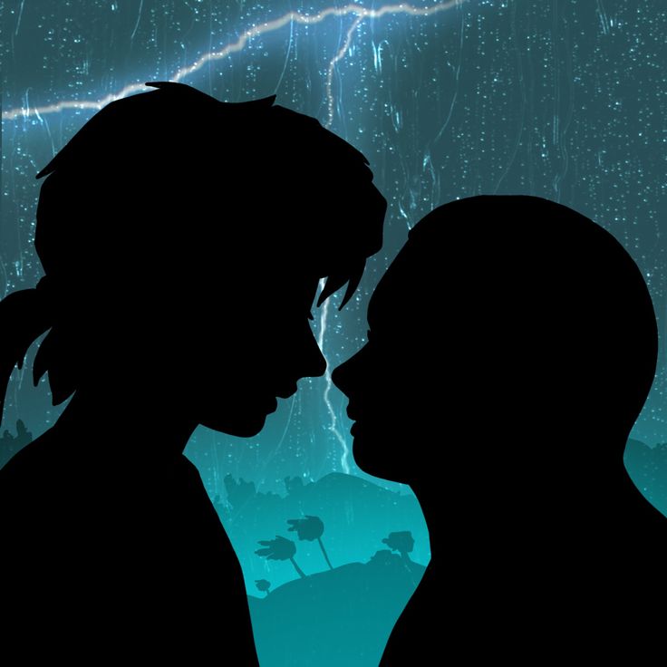 two silhouettes are facing each other in front of a sky with lightning and stars