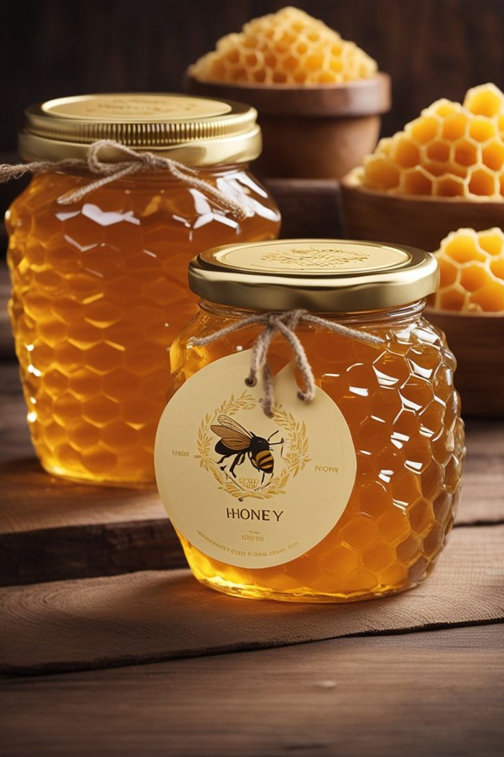 two jars of honey sitting on top of a wooden table