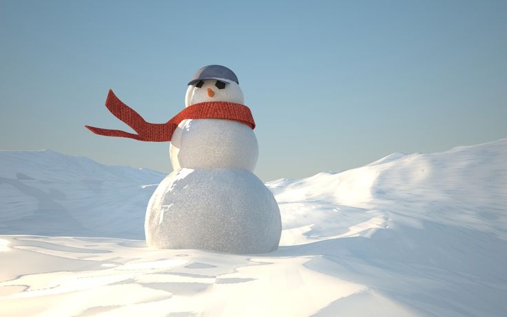 a snowman wearing a red scarf and hat in the middle of a snowy field