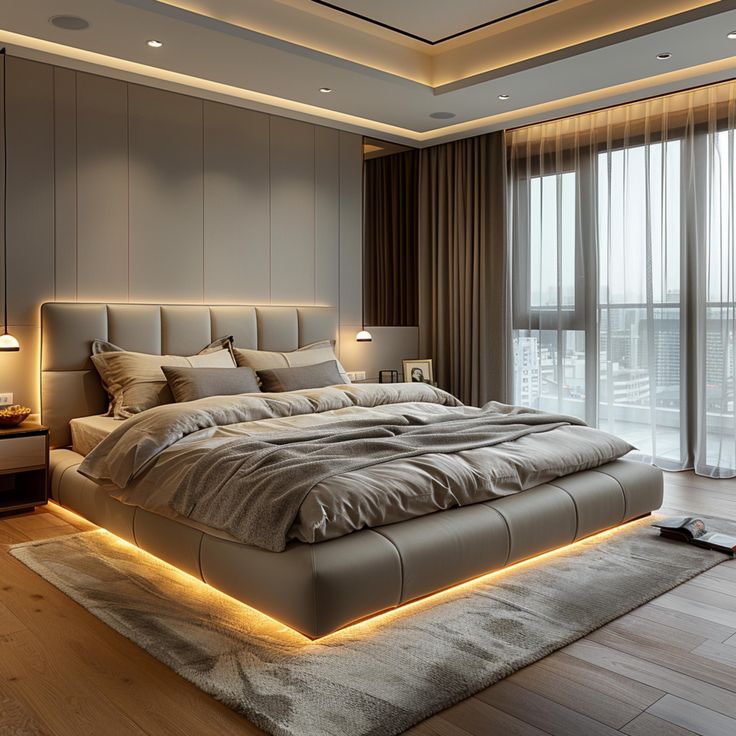 a large bed sitting in the middle of a bedroom next to two lamps on either side of it