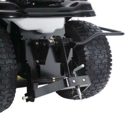 the front end of a white four wheeled vehicle with black tires and two large wheels