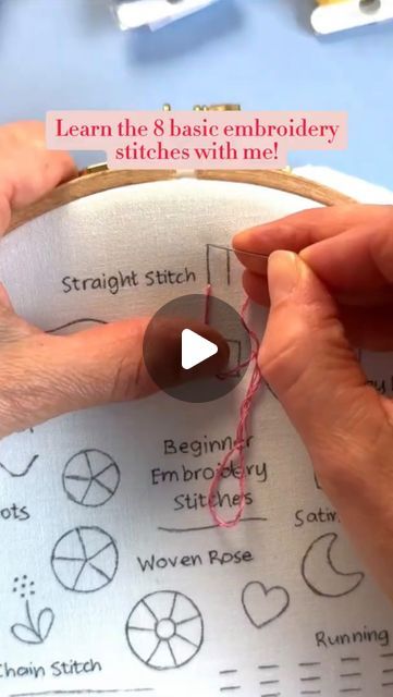 two hands are stitching together on a piece of paper with the words learn the & basic embroidery stitches with me