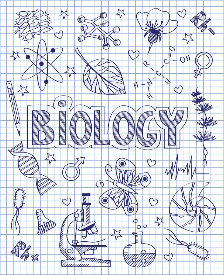 the word biology surrounded by doodles on a sheet of paper with icons and symbols