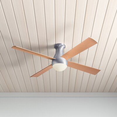 a ceiling fan mounted to the side of a wooden ceiling in a room with white walls