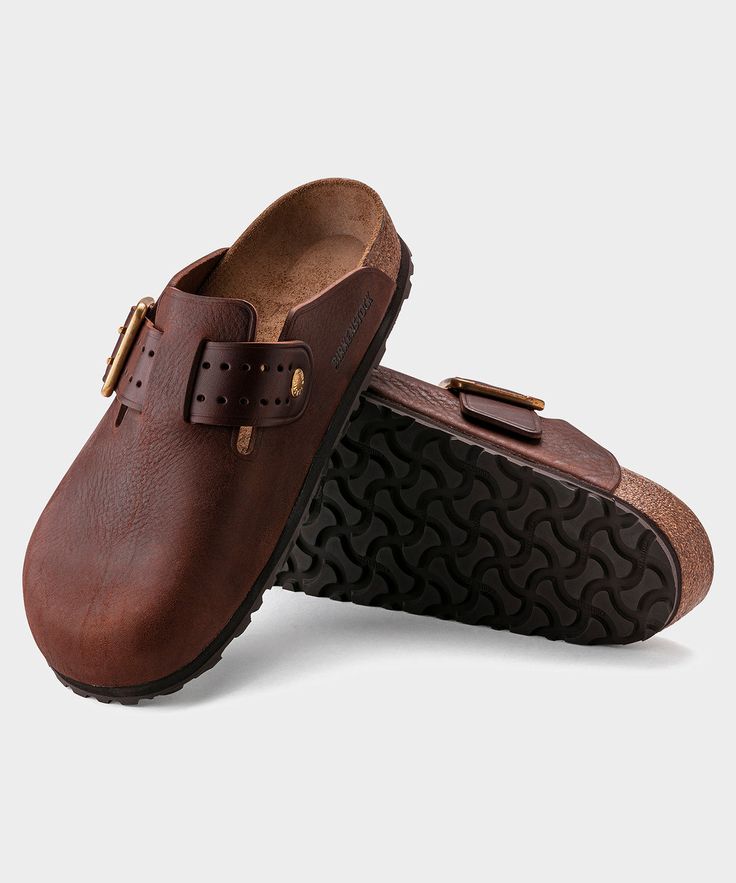 Leather Slip-on Clogs With Textured Footbed, Rugged Leather Footbed Mules, Casual Cork Slip-on Clogs, Classic Slip-on Clogs With Textured Footbed, Casual Slip-on Cork Clogs, Casual Cork Clogs With Round Toe, Casual Brown Cork Clogs, Casual Cork Clogs With Removable Insole, Brown Slip-on Clogs With Cork-bed Midsoles