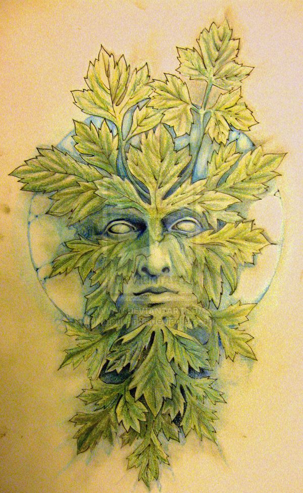 a drawing of a man's face with green leaves on his head and eyes