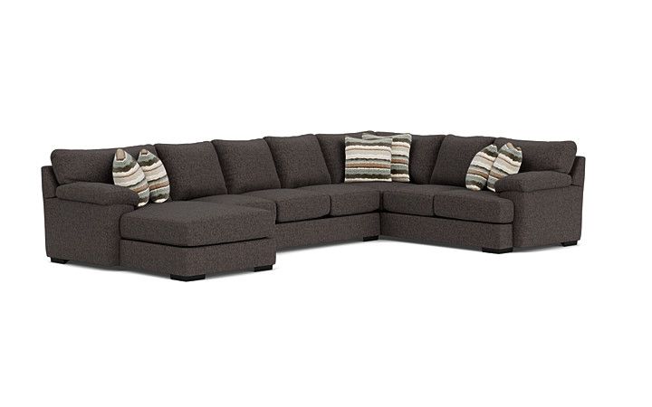 Looking for a centerpiece for your living room or entertaining area? Check out the Bermuda Tux Sofa Chaise Sectional. This chenille-upholstered beauty can seat up to eight people comfortably and offers both strength and comfort. With ample seating space for up to eight people, this chenille-upholstered beauty is both sturdy and comfortable, providing excellent support for those seated. Product Details:• Made in California using strong steel and kiln-dried wood• Reversible seat cushions and block legs with dark stain keep your sofa looking great• Dense foam and feather down blend cushions retain their shape• Accent Pillow: Canyon Stone Pattern placement may vary. Sectionals Living Room, Dark Stain, Youth Bedroom, Sofa Chaise, Armless Sofa, Sofa Colors, Upholstered Sectional, Dark Stains, Chaise Sectional