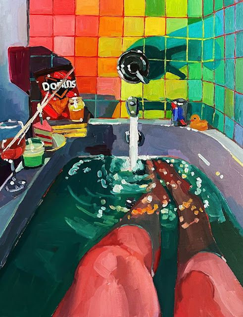 a painting of someone's feet in the bathtub