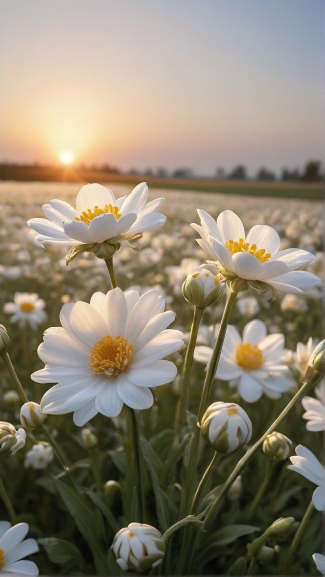 the sun is setting over a field full of daisies