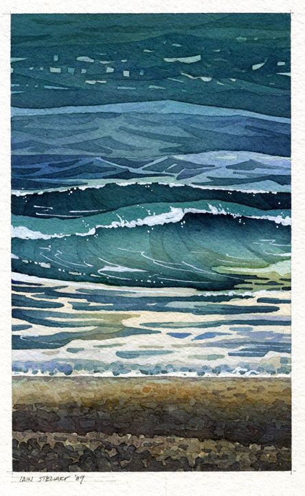 a watercolor painting of waves crashing on the beach