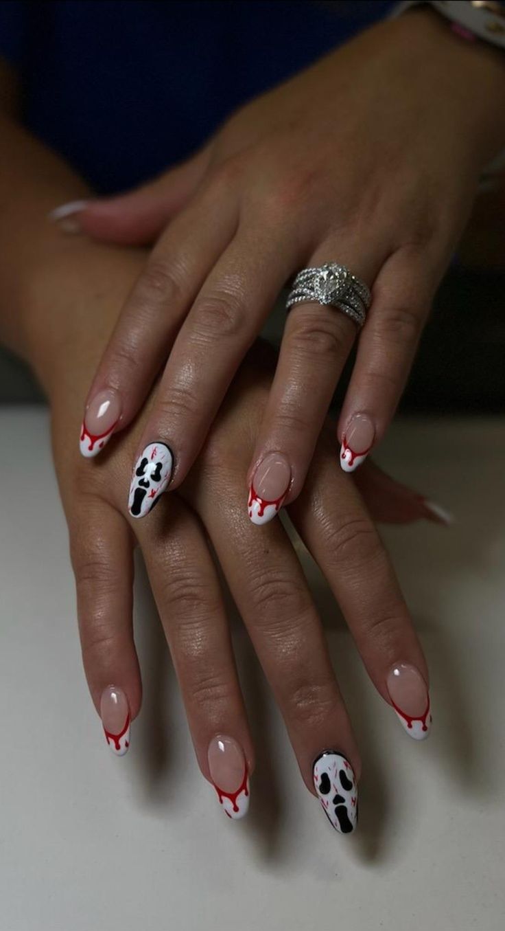 Short Halloween Nails Acrylic Almond, Spooky Halloween Nails French Tip, Scream Halloween Nails Acrylic, White Base Halloween Nails, Halloween Nails Goast Face, Scream Inspired Nails Short, Halloween Nails Detailed, Halloween Nails Short Ghost Face, Nail Ideas Halloween Short