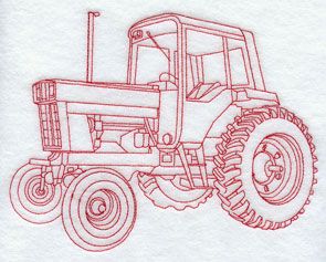 a drawing of a tractor on white paper with red ink in the center and bottom corner