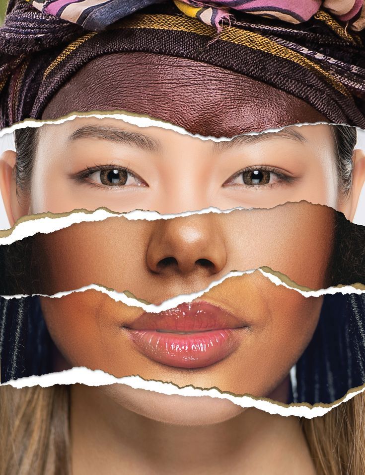 a woman's face with torn pieces of paper in front of her and behind her