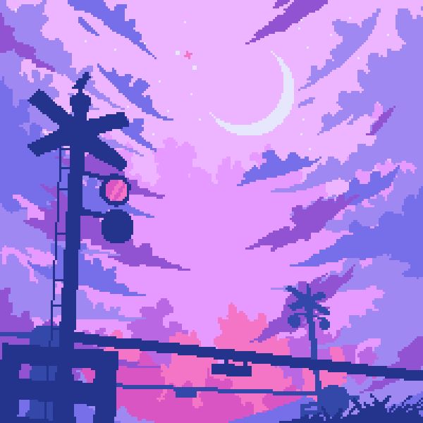 a street light sitting next to a palm tree under a purple sky with the moon in the distance