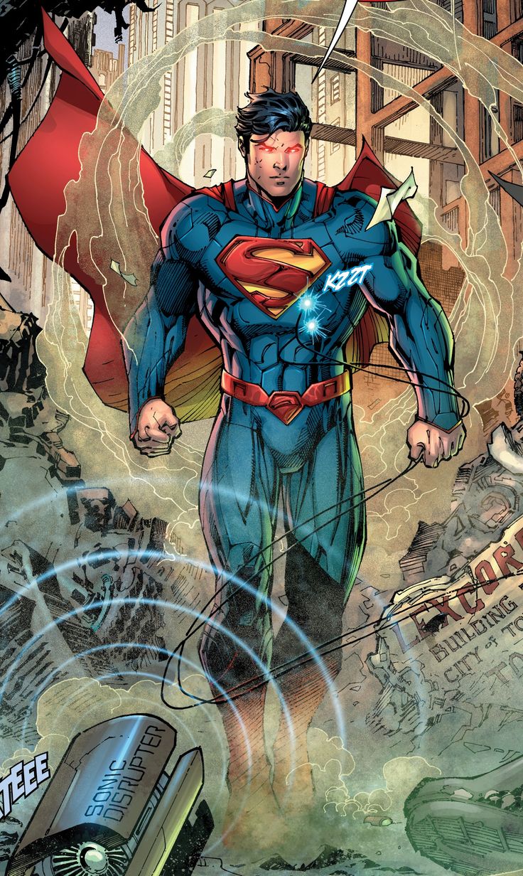 superman is standing in the middle of a city