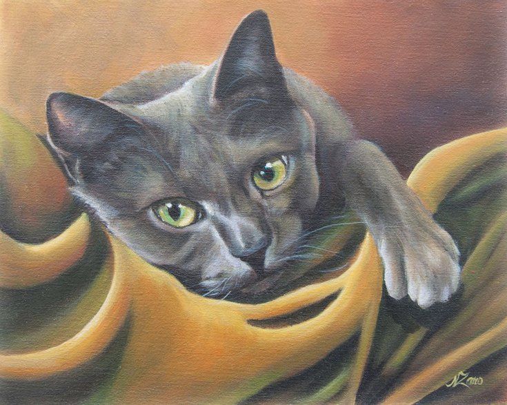 a painting of a gray cat with green eyes laying on a yellow blanket looking at the camera