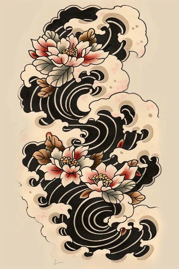 Tattoo idea: tattoo sketch A traditional Japanese wave pattern with 9 Front Thigh Tattoos Traditional, Japanese Trad Tattoo Design, Japanese Swirl Tattoo, Japanese American Traditional Tattoo Art, Traditional Tattoo Art Japanese, Traditional Japanese Art Tattoo, Illustrative Tattoo Style Drawings, Japanese Tattoos Traditional, Japanese Back Tattoo Design