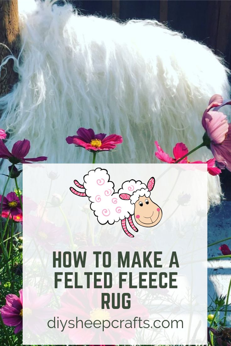 a sheep with flowers in the foreground and text overlay reading how to make a felted fleece rug