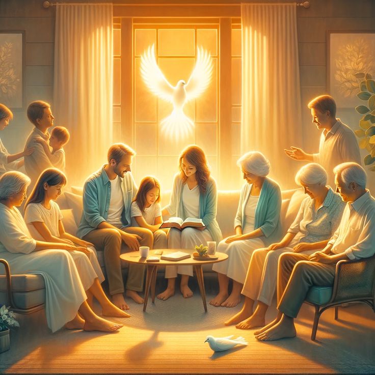 a group of people sitting around a table in front of a dove on the wall