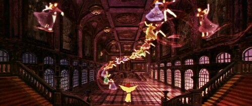 an animated image of some people dancing in a hall with stairs and windows on either side