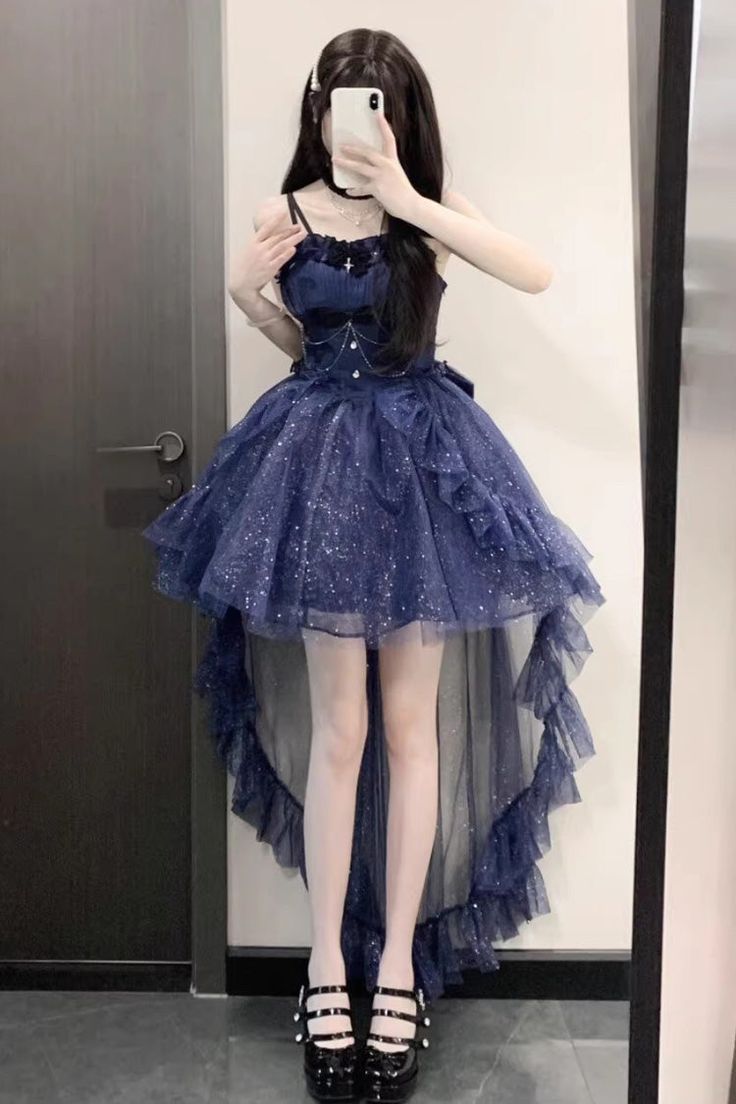 Fabric: Polyester Color: Blue Feature: Cardigan Style: Sweet, Elegant, Princess Include: Dress*1 + Tail*1 + Bowknot*1 + Neck Collar*1 Size (IN) Bust Waist Length S 31.50-35.43 25.20-28.35 33.46 M 33.07-37.01 26.77-29.92 33.86 L 34.65-38.58 28.35-31.50 34.25 XL 36.22-40.16 29.92-33.07 34.65 Size (CM) Bust Waist Length S 80-90 64-72 85 M 84-94 68-76 86 L 88-98 72-80 87 XL 92-102 76-84 88 Purple Princess Dress Short, Winter School Dance Dresses, Big Pretty Dresses, Dark Blue Masquerade Dress, Blue Gothic Outfit, Night Themed Dress, Blue Dresses Aesthetic, 7th Grade Dance Dresses Middle School, Blue Dress Outfit Winter