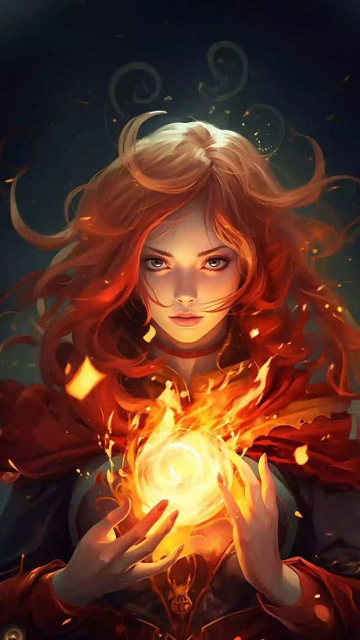 a woman holding a ball in her hands with fire coming out of her face and hair