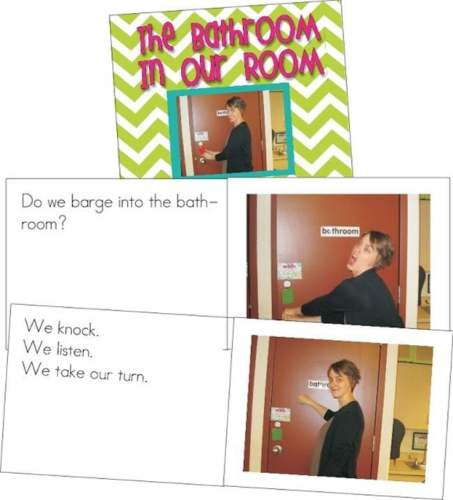 two pictures of a boy in front of a door with the caption'do we barge into the bath - room? we knock we take our turn '