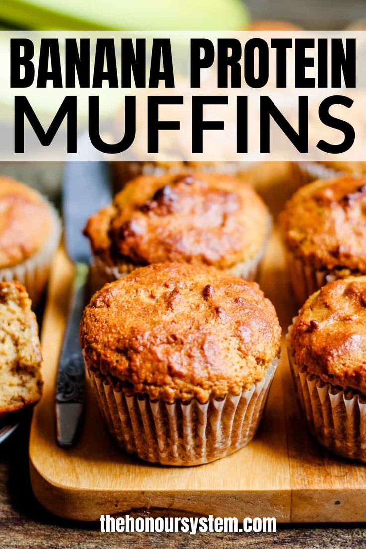 banana protein muffins on a cutting board with text overlay