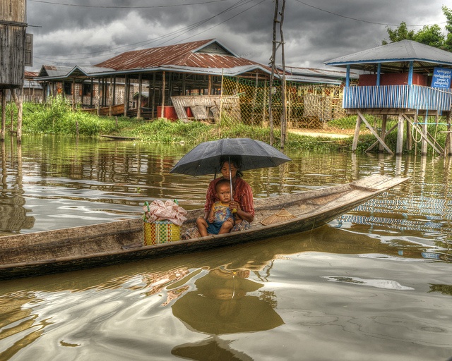 two people in a boat with an umbrella