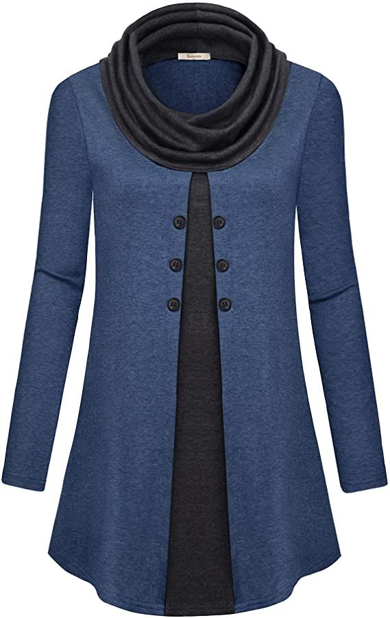 Bebonnie Ladies Tops, Juniors 2020 Winter Fashion Casual Long Sleeve Cowl Neck Warm Splicing Pullover Sweatshirts Dressy Flowy Top Tunics for Women to Wear with Leggings Black M at Amazon Women’s Clothing store Tops With Buttons, Tunics For Women, Tunic Designs, Cowl Neck Long Sleeve, Winter Pullover, Tunic Sweatshirt, Matching Leggings, Loose Shirts, Dressy Tops