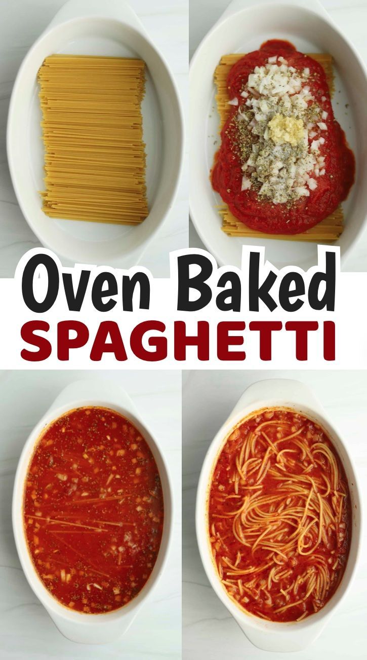 four different types of spaghetti in bowls with text overlay that reads oven baked spaghetti