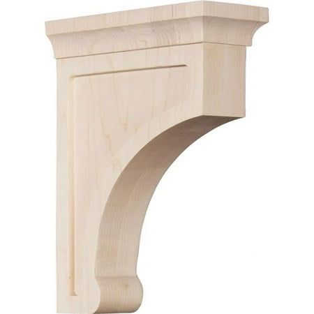 an unfinished wooden shelf bracket on a white background