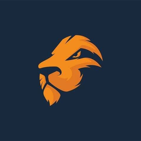 an orange and black lion's head on a dark background