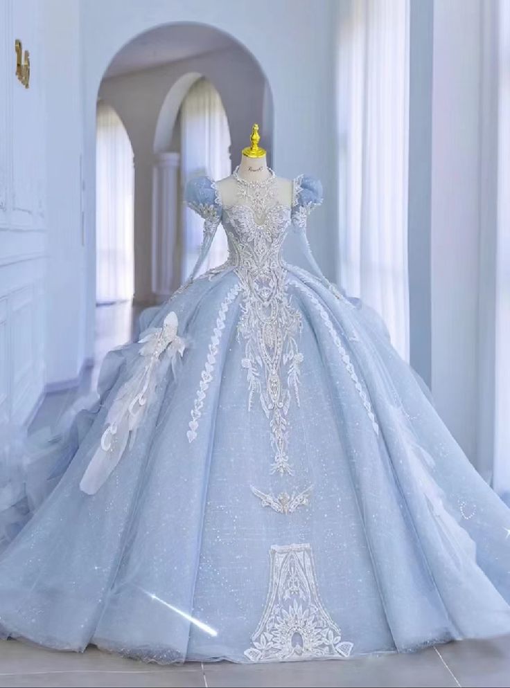 Flower with charm along with the flower made needleworks of this gown. Long Sleeve Wedding Dress Backless, डिजाइनर कपड़े, Blue Ball Gown, Blue Ball Gowns, Pretty Quinceanera Dresses, 파티 드레스, Blue Ball, Princess Ball Gowns, Blue Wedding Dresses