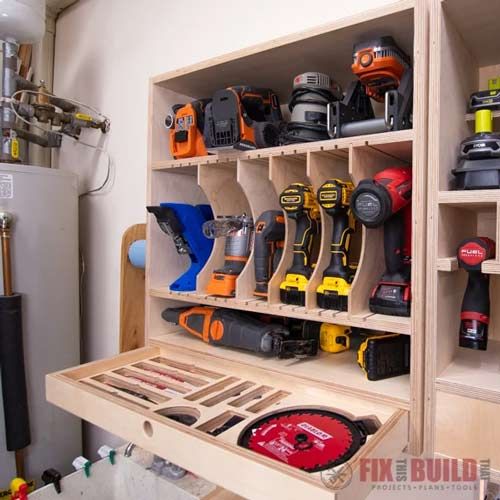 a wooden shelf filled with lots of tools