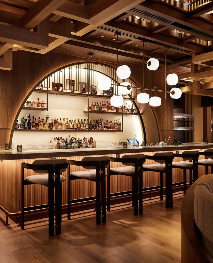 a dimly lit bar with stools and bottles on the shelves in front of it